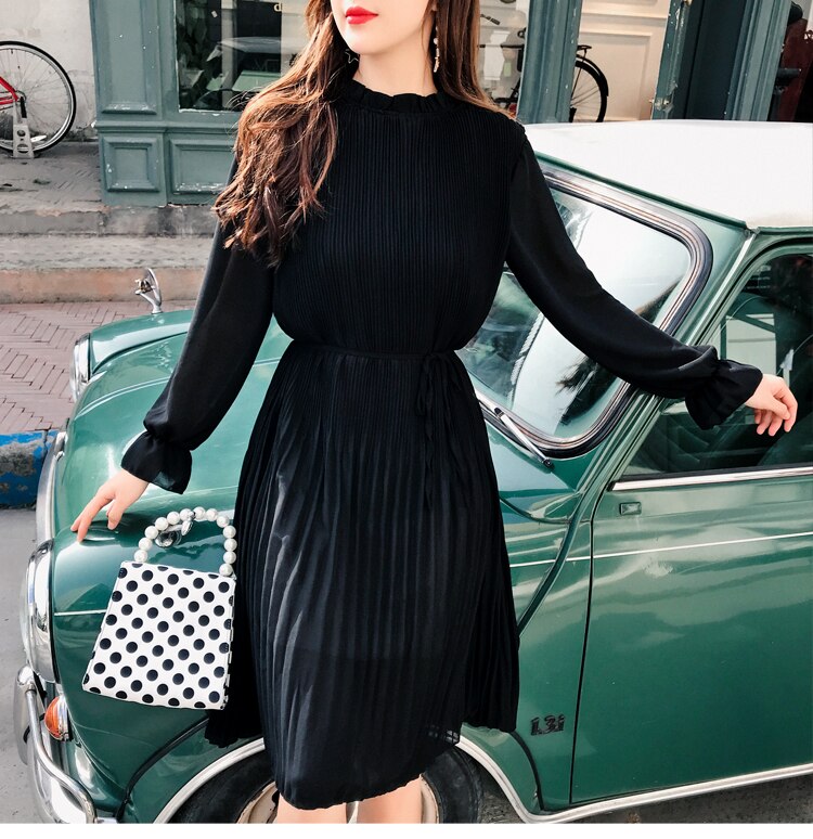 Women Two layers chiffon pleated dress 2019 spring autumn female vintage elegant long sleeve loose casual office lady dress