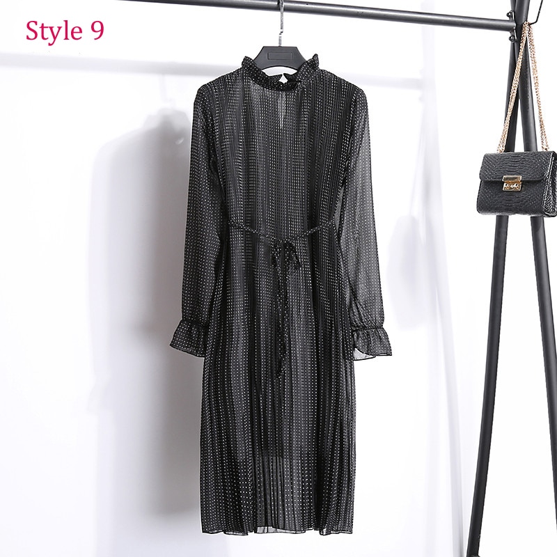 Women Two layers chiffon pleated dress 2019 spring autumn female vintage elegant long sleeve loose casual office lady dress