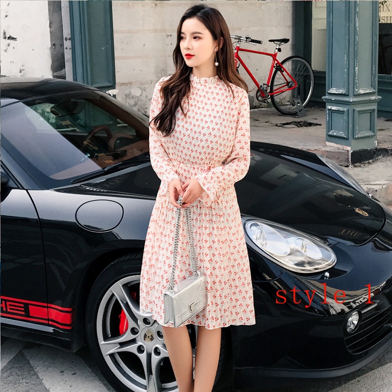 Women Two layers chiffon pleated dress 2019 spring autumn female vintage elegant long sleeve loose casual office lady dress