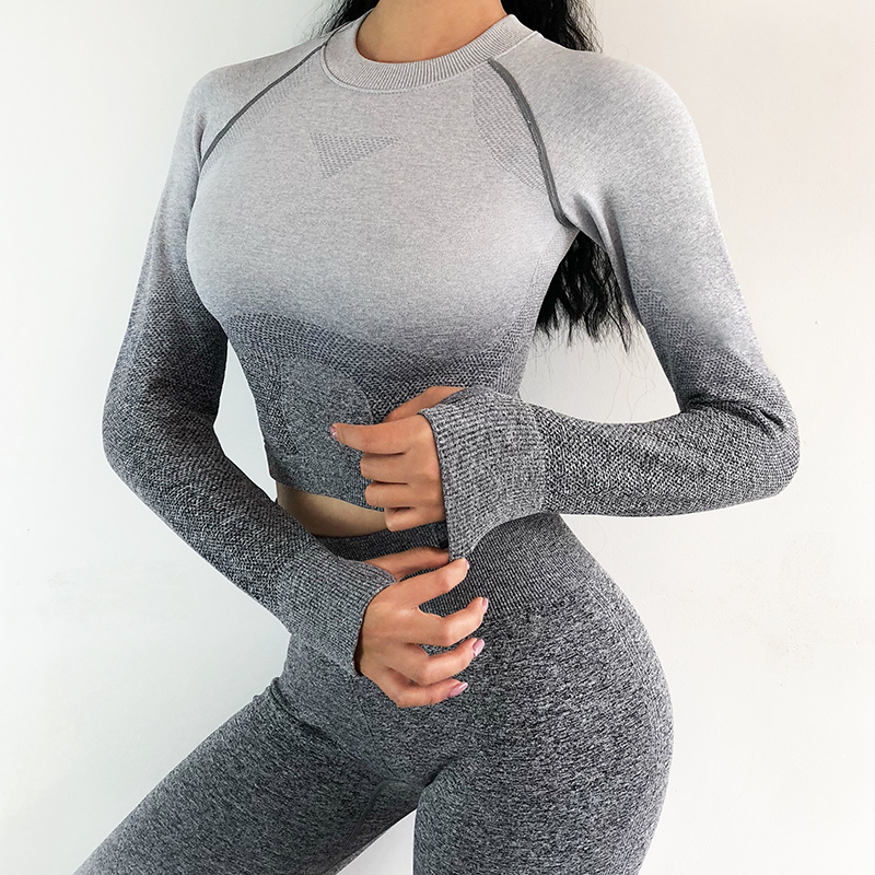 2 Pcs Yoga Set Women Long Sleeve Crop Top And High Waisted Tummy Control Sport Leggings Gym Clothing Ombre Seamless Sport Suit