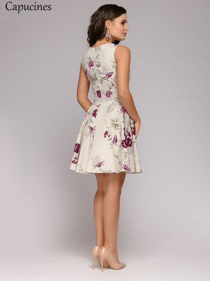 Capucines Ladies Elegant Printing Creamy-white Summer Dress Casual Sleeveless Round Neck Mini A word Party Dress For Women Capucines Ladies Elegant Printing Creamy-white Summer Dress Casual Sleeveless Round Neck Mini A word Party Dress For Women
