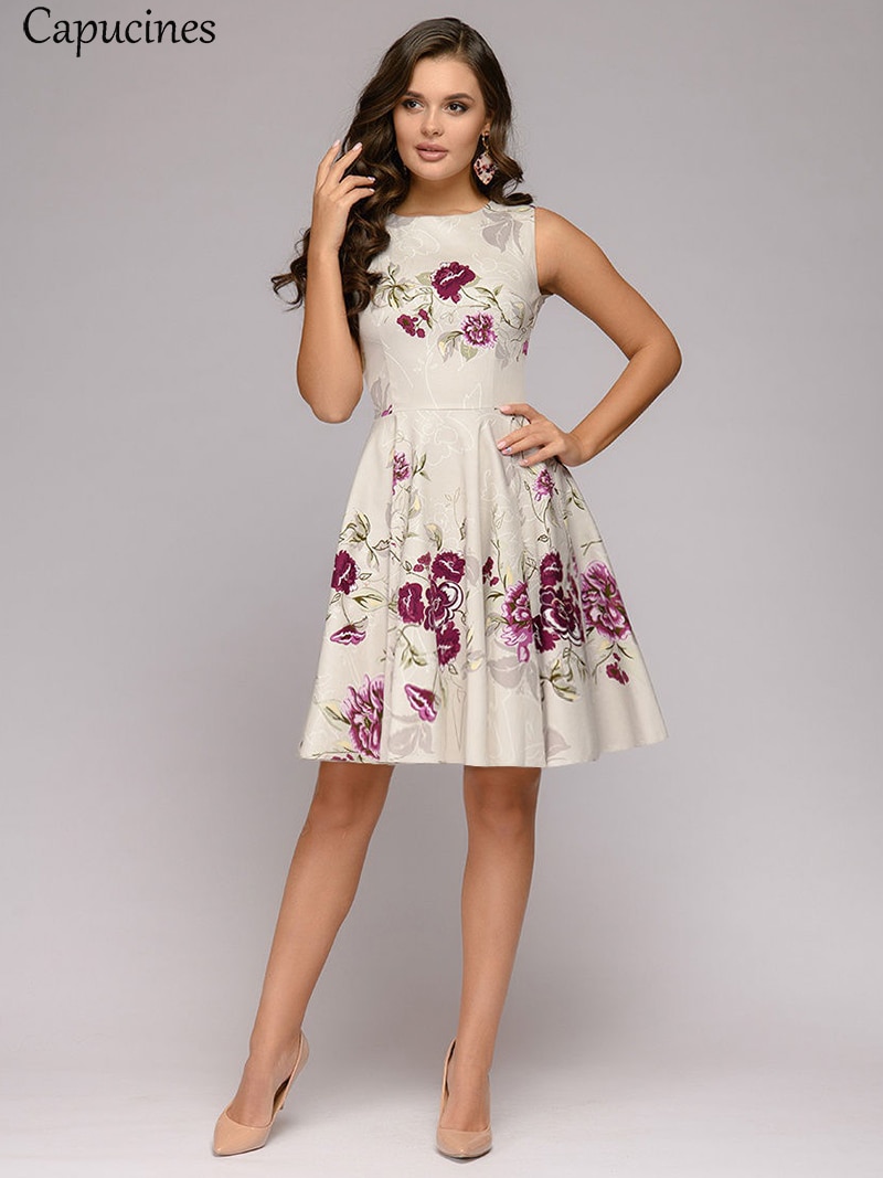 Capucines Ladies Elegant Printing Creamy-white Summer Dress Casual Sleeveless Round Neck Mini A word Party Dress For Women Capucines Ladies Elegant Printing Creamy-white Summer Dress Casual Sleeveless Round Neck Mini A word Party Dress For Women