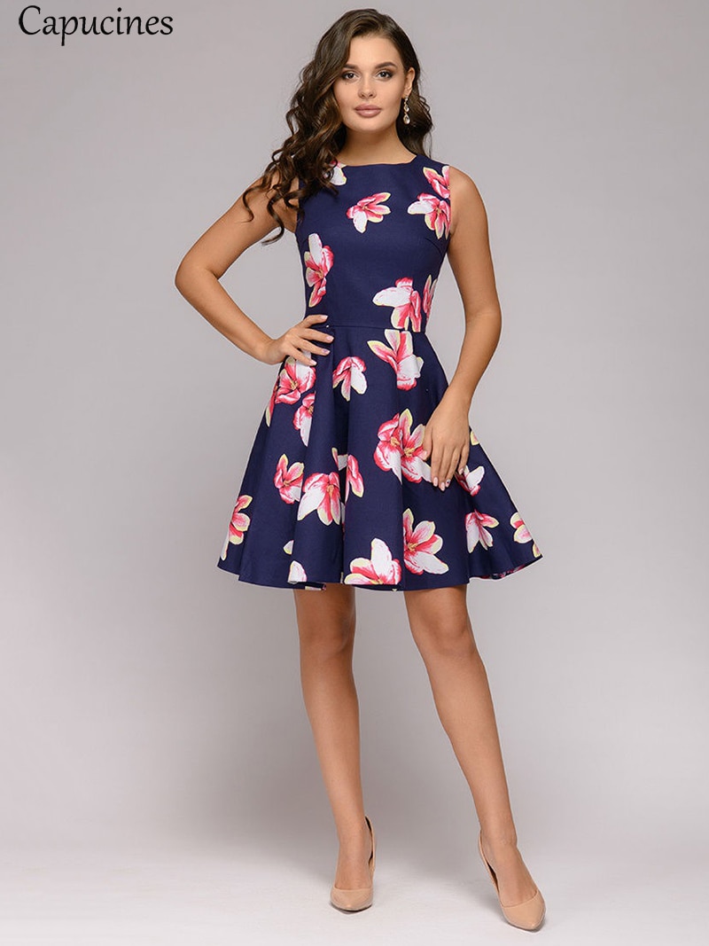 Capucines Ladies Elegant Printing Creamy-white Summer Dress Casual Sleeveless Round Neck Mini A word Party Dress For Women Capucines Ladies Elegant Printing Creamy-white Summer Dress Casual Sleeveless Round Neck Mini A word Party Dress For Women