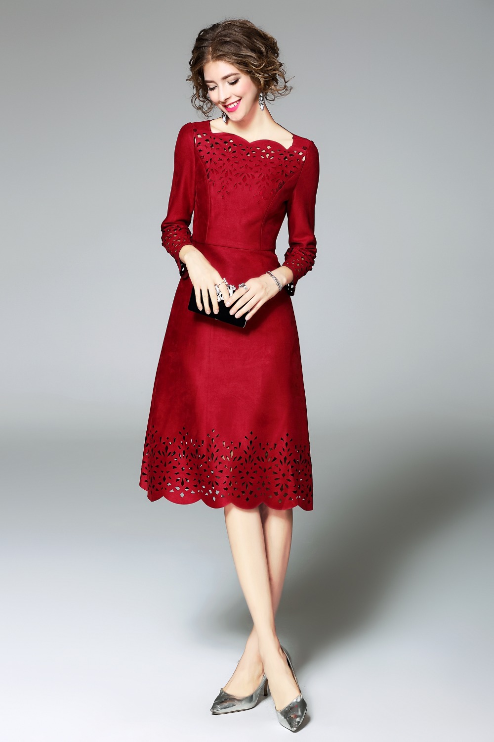 2018 NEW luxury spring Autumn Hollow Out dress Women Clothing winter Party Dress A Line Knee Length slim Suede Fabric dresses 2018 NEW luxury spring Autumn Hollow Out dress Women Clothing winter Party Dress A Line Knee Length slim Suede Fabric dresses