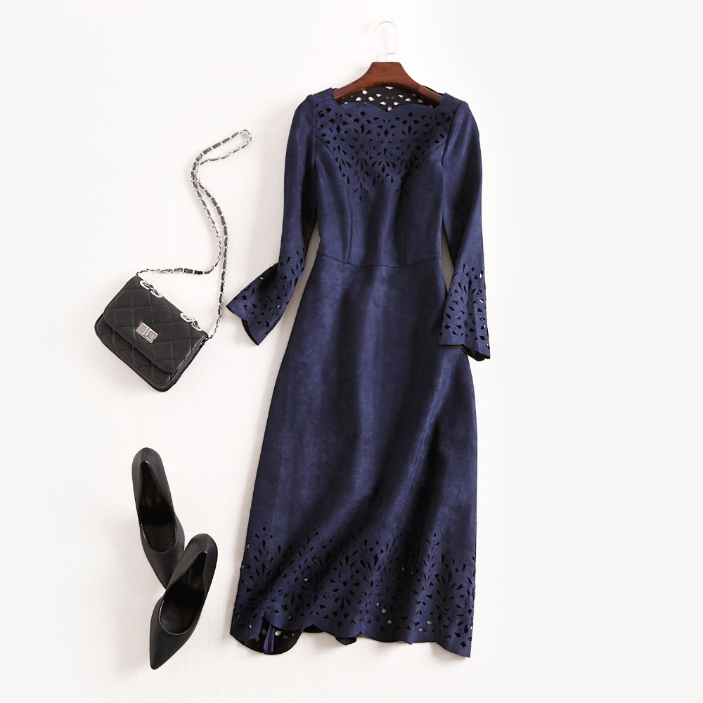 2018 NEW luxury spring Autumn Hollow Out dress Women Clothing winter Party Dress A Line Knee Length slim Suede Fabric dresses 2018 NEW luxury spring Autumn Hollow Out dress Women Clothing winter Party Dress A Line Knee Length slim Suede Fabric dresses