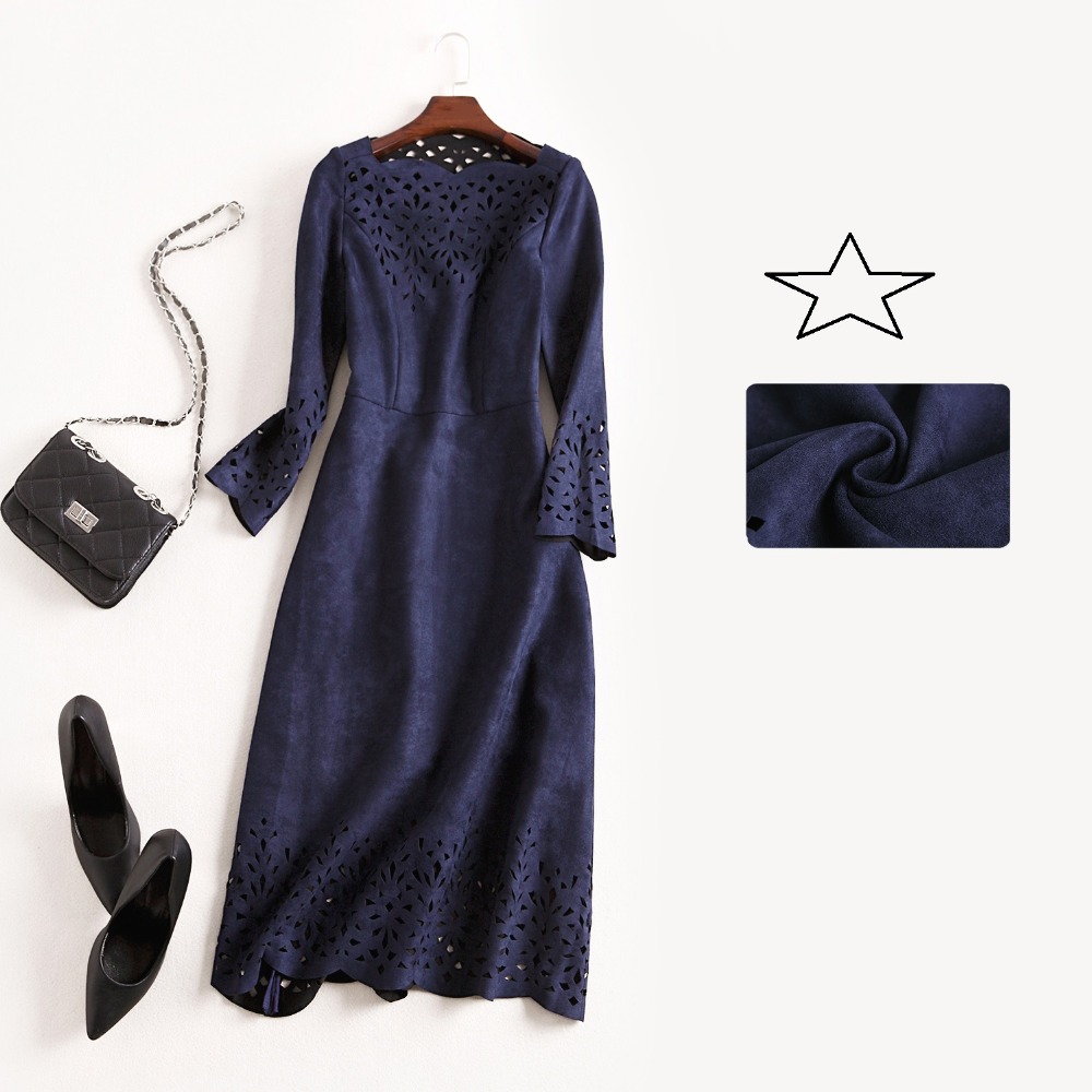 2018 NEW luxury spring Autumn Hollow Out dress Women Clothing winter Party Dress A Line Knee Length slim Suede Fabric dresses 2018 NEW luxury spring Autumn Hollow Out dress Women Clothing winter Party Dress A Line Knee Length slim Suede Fabric dresses