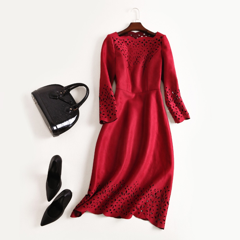 2018 NEW luxury spring Autumn Hollow Out dress Women Clothing winter Party Dress A Line Knee Length slim Suede Fabric dresses 2018 NEW luxury spring Autumn Hollow Out dress Women Clothing winter Party Dress A Line Knee Length slim Suede Fabric dresses
