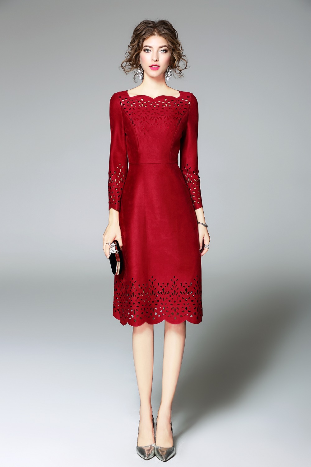 2018 NEW luxury spring Autumn Hollow Out dress Women Clothing winter Party Dress A Line Knee Length slim Suede Fabric dresses 2018 NEW luxury spring Autumn Hollow Out dress Women Clothing winter Party Dress A Line Knee Length slim Suede Fabric dresses