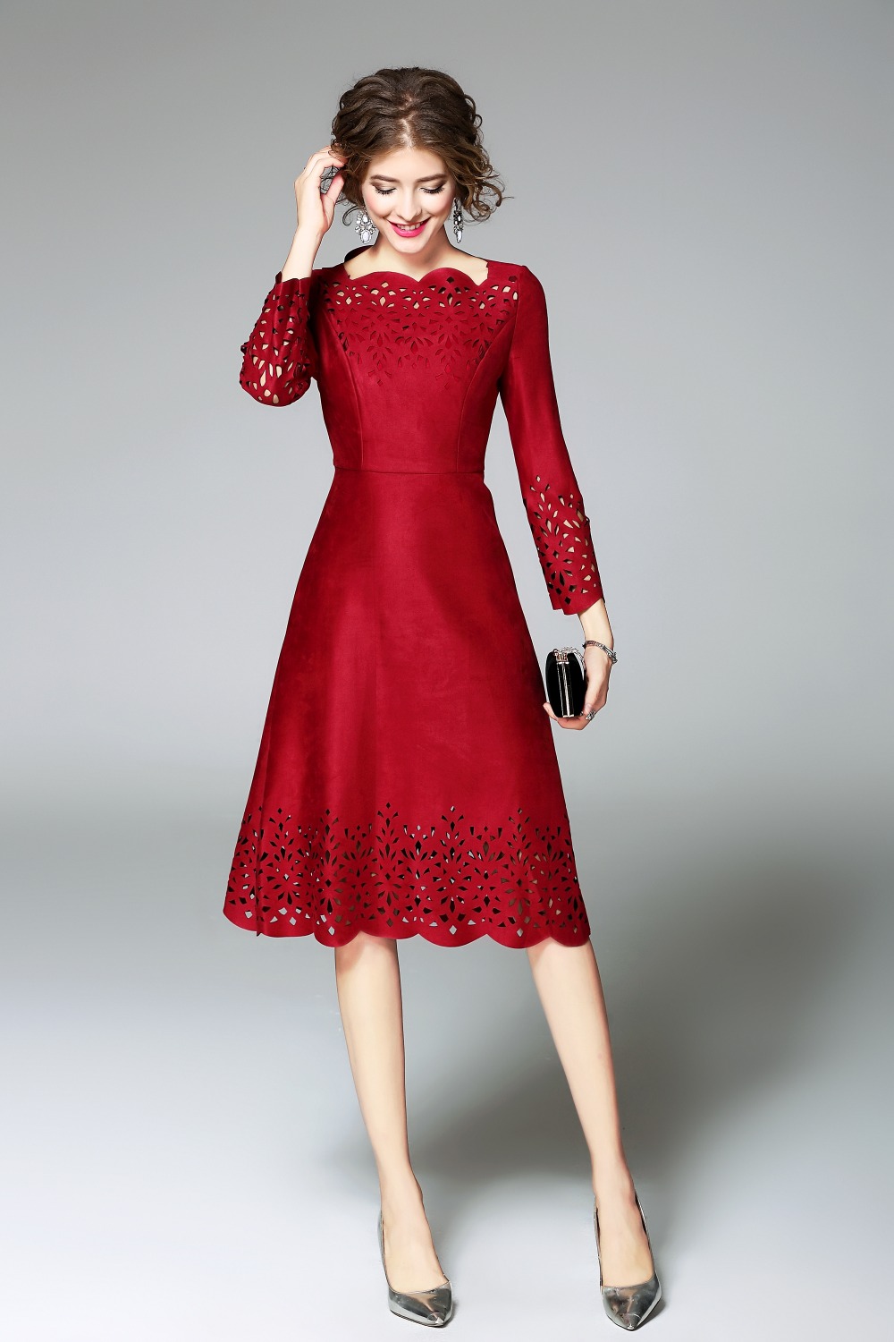 2018 NEW luxury spring Autumn Hollow Out dress Women Clothing winter Party Dress A Line Knee Length slim Suede Fabric dresses 2018 NEW luxury spring Autumn Hollow Out dress Women Clothing winter Party Dress A Line Knee Length slim Suede Fabric dresses
