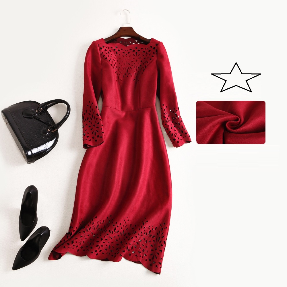 2018 NEW luxury spring Autumn Hollow Out dress Women Clothing winter Party Dress A Line Knee Length slim Suede Fabric dresses 2018 NEW luxury spring Autumn Hollow Out dress Women Clothing winter Party Dress A Line Knee Length slim Suede Fabric dresses