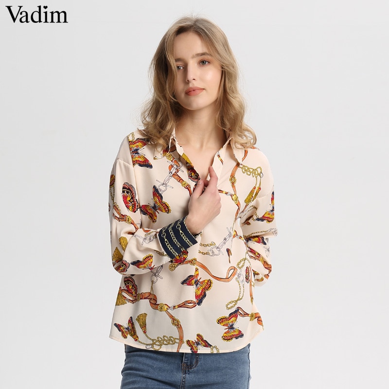 Vadim women stylish chains butterfly print blouses long sleeve pleated shirts fashion female casual chic tops blusas LA357