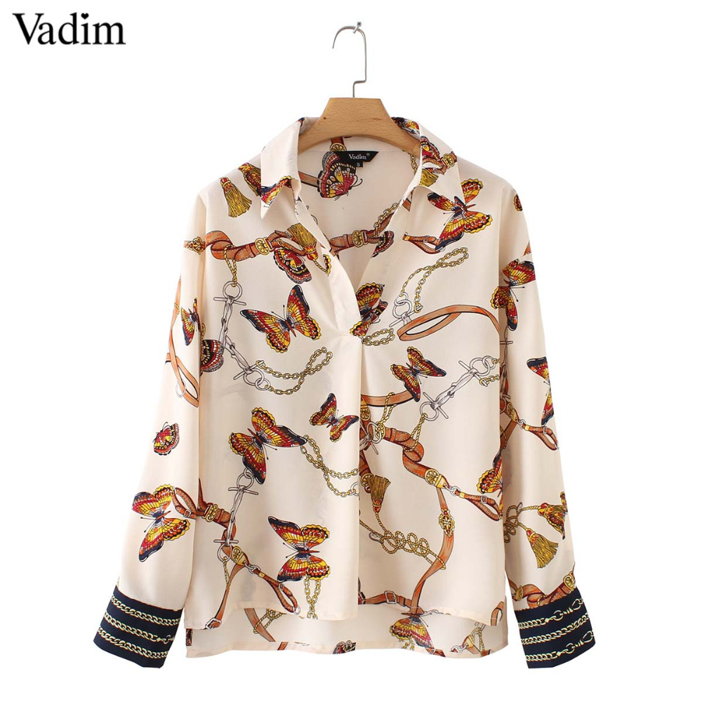 Vadim women stylish chains butterfly print blouses long sleeve pleated shirts fashion female casual chic tops blusas LA357