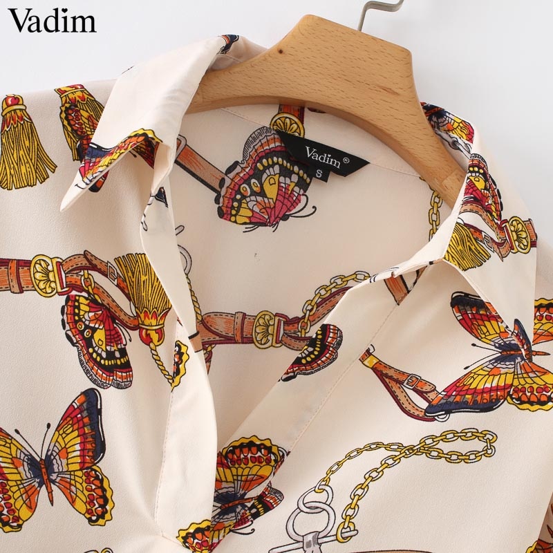 Vadim women stylish chains butterfly print blouses long sleeve pleated shirts fashion female casual chic tops blusas LA357