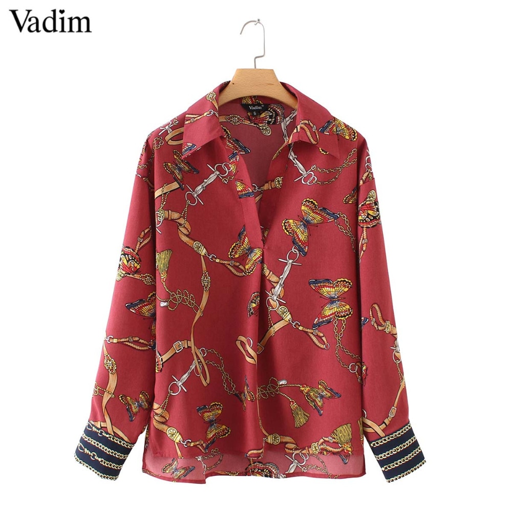 Vadim women stylish chains butterfly print blouses long sleeve pleated shirts fashion female casual chic tops blusas LA357