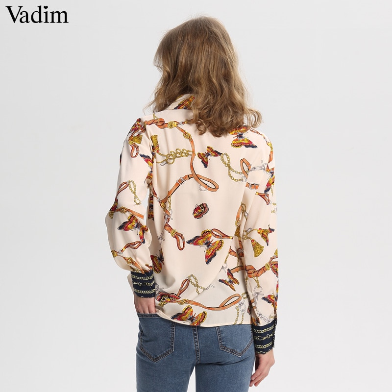 Vadim women stylish chains butterfly print blouses long sleeve pleated shirts fashion female casual chic tops blusas LA357