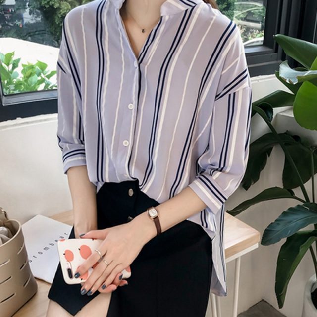 2019 Summer Women Blouse Shirt Korean Spring Fashion Striped Casual Half Sleeve Plus Size Shirt Tops Women Female