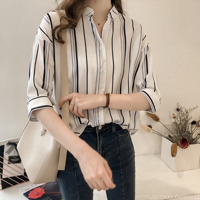 2019 Summer Women Blouse Shirt Korean Spring Fashion Striped Casual Half Sleeve Plus Size Shirt Tops Women Female