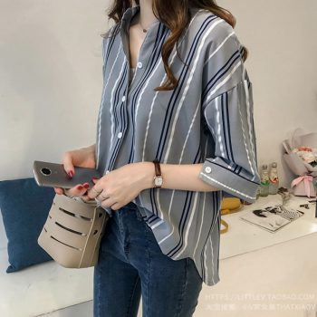 2019 Summer Women Blouse Shirt Korean Spring Fashion Striped Casual Half Sleeve Plus Size Shirt Tops Women Female