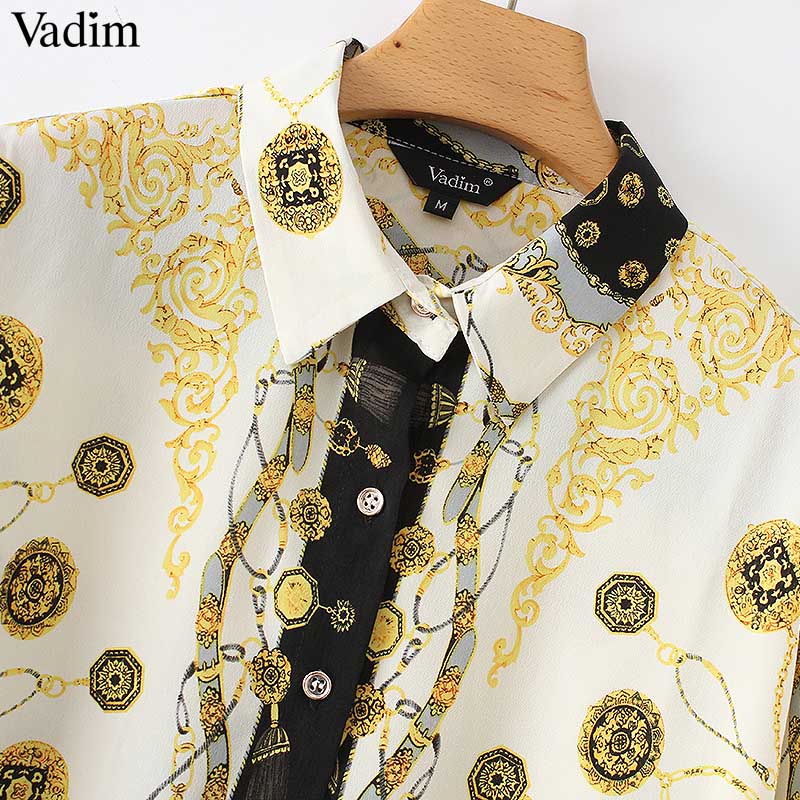 Vadim women stylish chains print loose blouses long sleeve turn down collar pleated shirts ladies casual chic tops blusas LA318