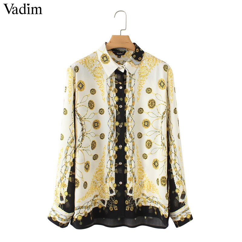 Vadim women stylish chains print loose blouses long sleeve turn down collar pleated shirts ladies casual chic tops blusas LA318