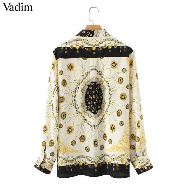 Vadim women stylish chains print loose blouses long sleeve turn down collar pleated shirts ladies casual chic tops blusas LA318