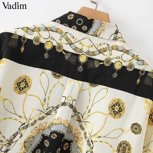 Vadim women stylish chains print loose blouses long sleeve turn down collar pleated shirts ladies casual chic tops blusas LA318