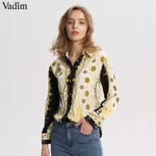 Vadim women stylish chains print loose blouses long sleeve turn down collar pleated shirts ladies casual chic tops blusas LA318