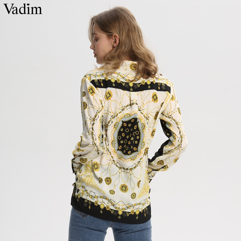 Vadim women stylish chains print loose blouses long sleeve turn down collar pleated shirts ladies casual chic tops blusas LA318