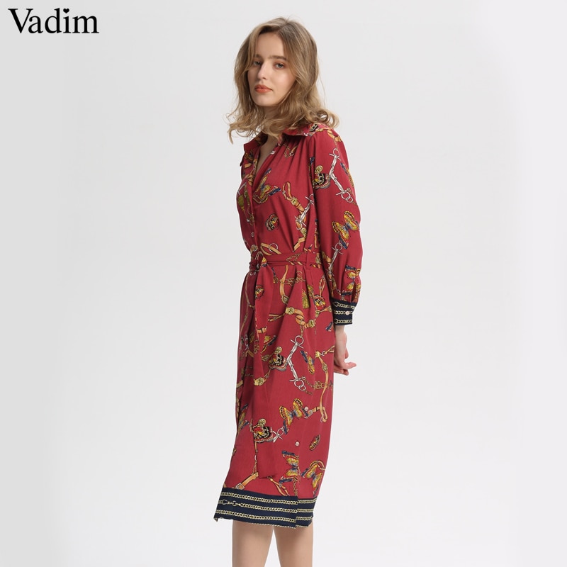 Vadim women vintage chain print midi dress bow tie sashes long sleeve side split retro female casual dresses vestido mujer QA564