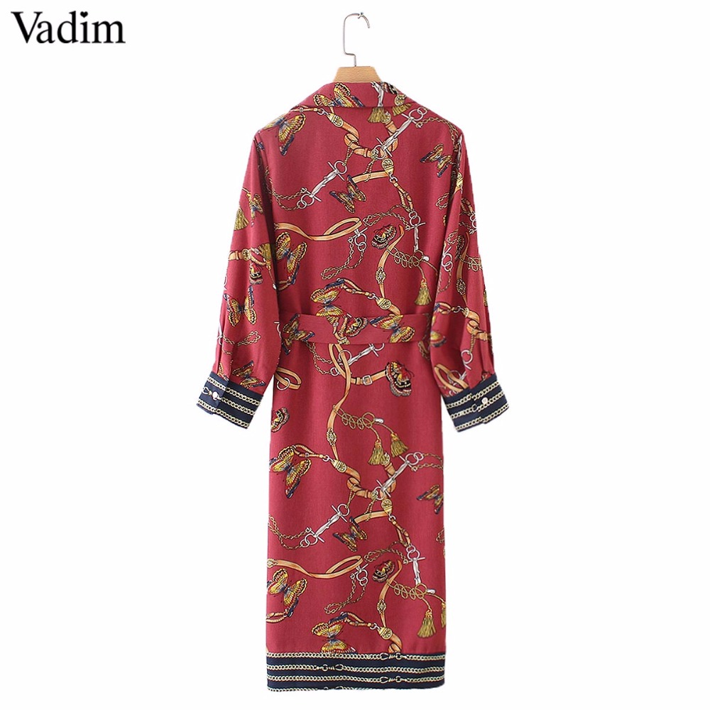 Vadim women vintage chain print midi dress bow tie sashes long sleeve side split retro female casual dresses vestido mujer QA564