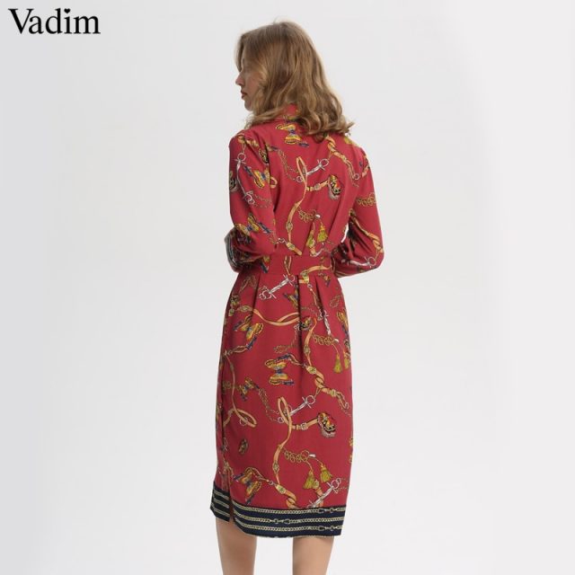 Vadim women vintage chain print midi dress bow tie sashes long sleeve side split retro female casual dresses vestido mujer QA564