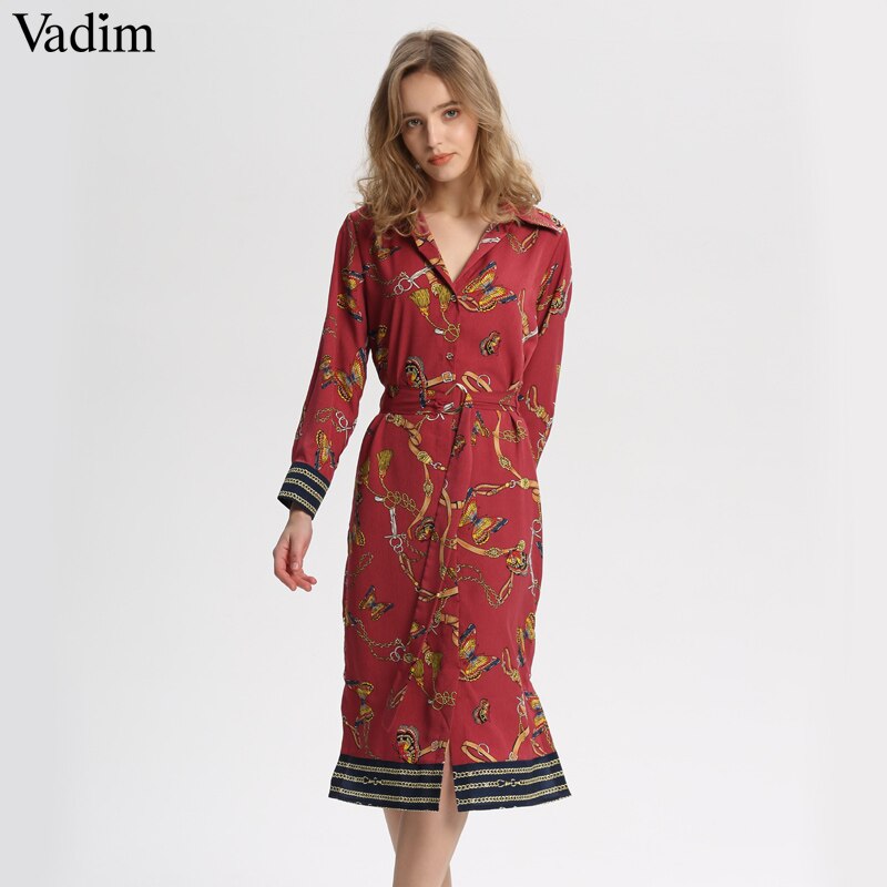 Vadim women vintage chain print midi dress bow tie sashes long sleeve side split retro female casual dresses vestido mujer QA564