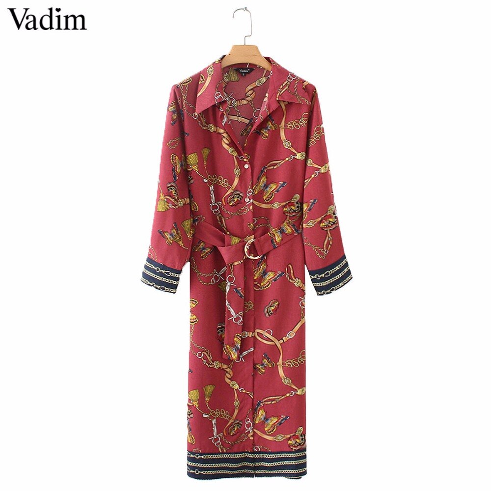 Vadim women vintage chain print midi dress bow tie sashes long sleeve side split retro female casual dresses vestido mujer QA564