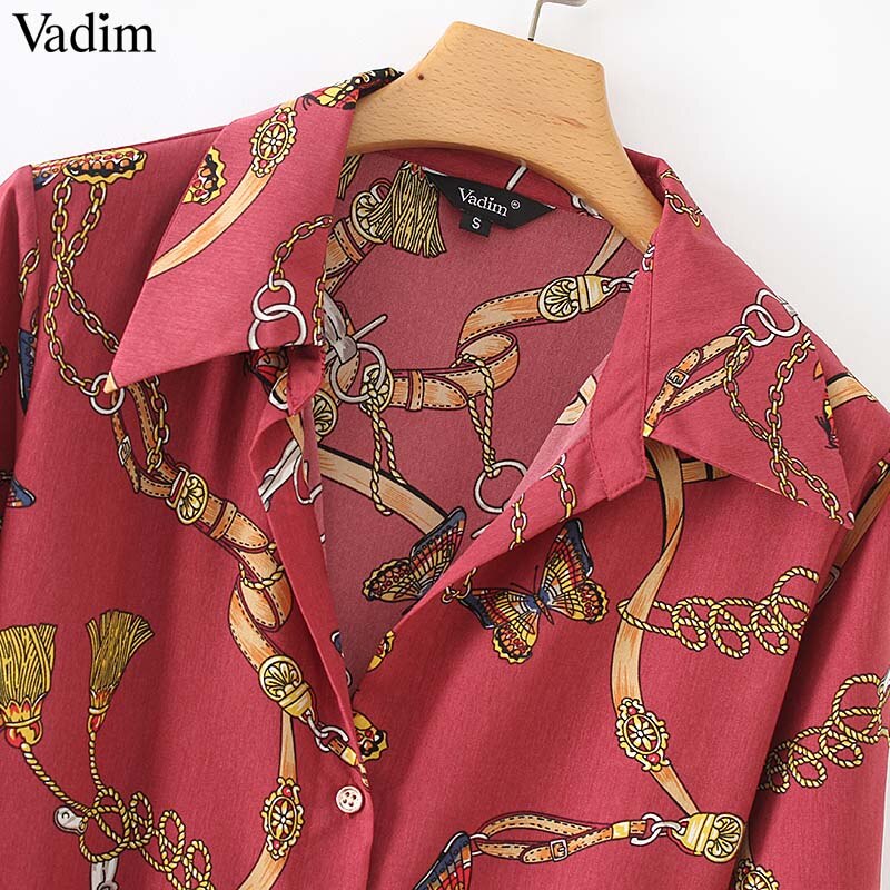 Vadim women vintage chain print midi dress bow tie sashes long sleeve side split retro female casual dresses vestido mujer QA564