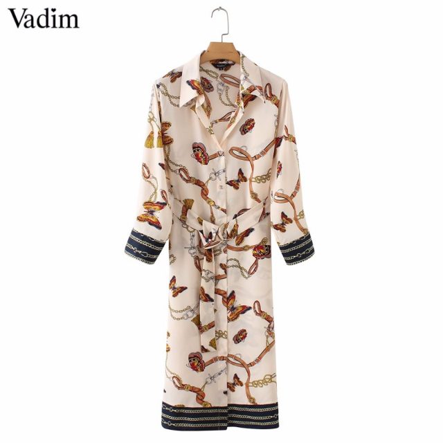 Vadim women vintage chain print midi dress bow tie sashes long sleeve side split retro female casual dresses vestido mujer QA564