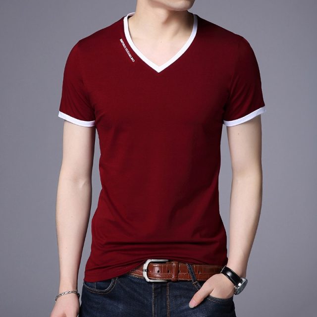 New Mens T Shirts Fashion Summer V-Neck Slim Fit Short Sleeve T Shirt Men Mercerized Cotton Brand-Clothing Casual Men T-Shirt