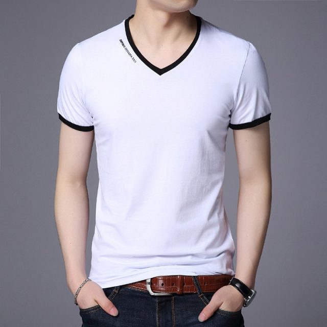 New Mens T Shirts Fashion Summer V-Neck Slim Fit Short Sleeve T Shirt Men Mercerized Cotton Brand-Clothing Casual Men T-Shirt