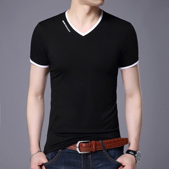 New Mens T Shirts Fashion Summer V-Neck Slim Fit Short Sleeve T Shirt Men Mercerized Cotton Brand-Clothing Casual Men T-Shirt