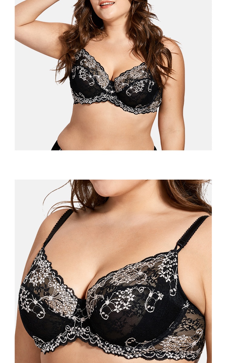 Women's Full coverage Underwired Non Padding Sheer Floral Lace Breathable Balconette Bra Plus Size