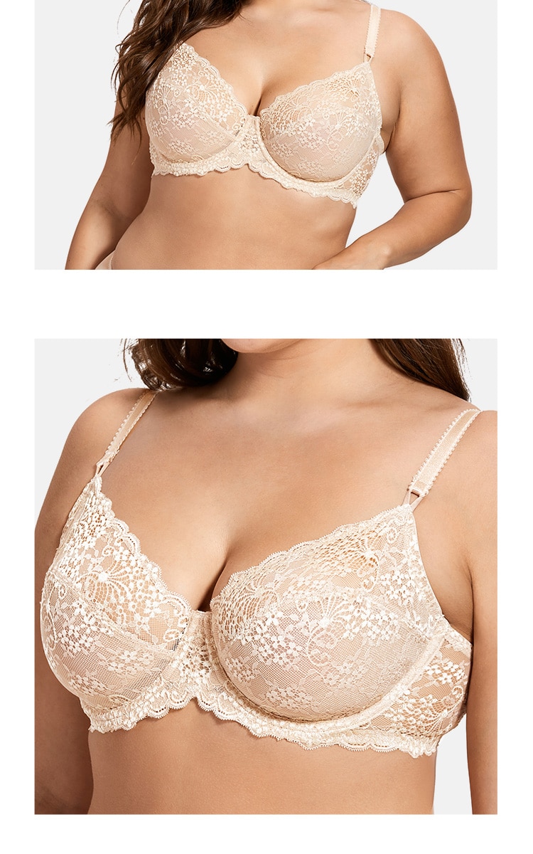 Women's Full coverage Underwired Non Padding Sheer Floral Lace Breathable Balconette Bra Plus Size