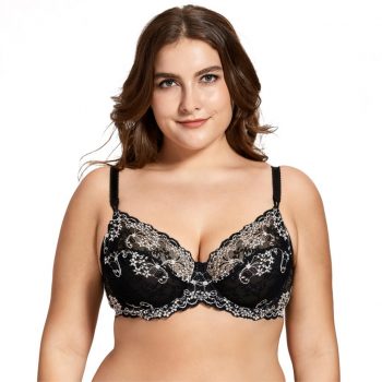 Women's Full coverage Underwired Non Padding Sheer Floral Lace Breathable Balconette Bra Plus Size