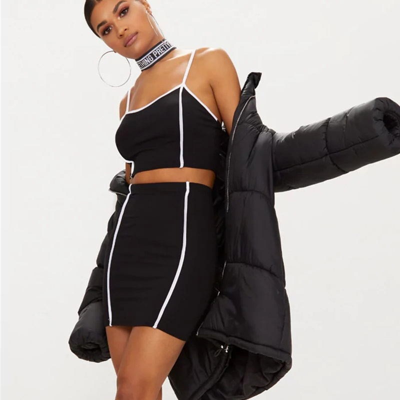 InstaHot Sexy 2 Pieces Sets Tops Skirts White Stripe Black Sets Women Cotton Strap Bustier Cropped Camis Mini Short Skirts Lady InstaHot Sexy 2 Pieces Sets Tops Skirts White Stripe Black Sets Women Cotton Strap Bustier Cropped Camis Mini Short Skirts Lady