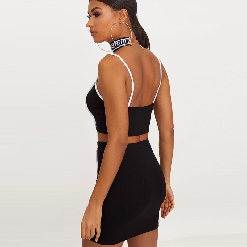 InstaHot Sexy 2 Pieces Sets Tops Skirts White Stripe Black Sets Women Cotton Strap Bustier Cropped Camis Mini Short Skirts Lady InstaHot Sexy 2 Pieces Sets Tops Skirts White Stripe Black Sets Women Cotton Strap Bustier Cropped Camis Mini Short Skirts Lady
