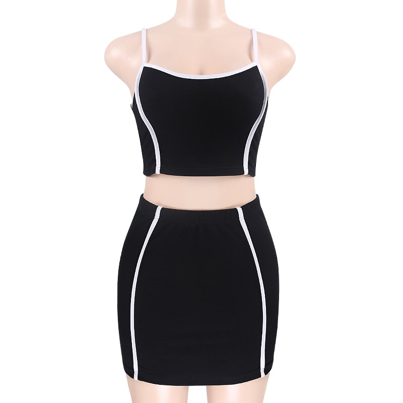 InstaHot Sexy 2 Pieces Sets Tops Skirts White Stripe Black Sets Women Cotton Strap Bustier Cropped Camis Mini Short Skirts Lady InstaHot Sexy 2 Pieces Sets Tops Skirts White Stripe Black Sets Women Cotton Strap Bustier Cropped Camis Mini Short Skirts Lady