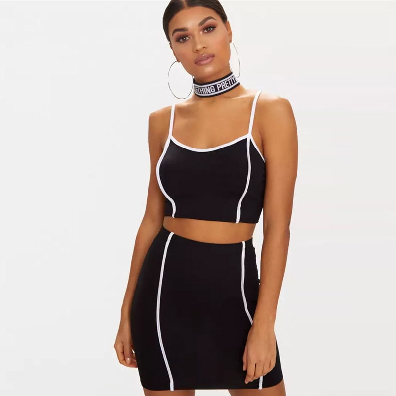 InstaHot Sexy 2 Pieces Sets Tops Skirts White Stripe Black Sets Women Cotton Strap Bustier Cropped Camis Mini Short Skirts Lady InstaHot Sexy 2 Pieces Sets Tops Skirts White Stripe Black Sets Women Cotton Strap Bustier Cropped Camis Mini Short Skirts Lady
