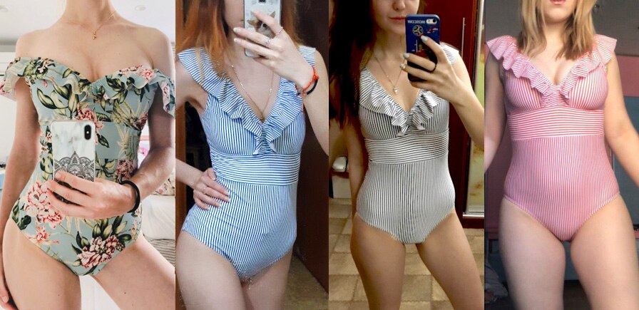 Sexy Female Retro V Neck Blue Striped Swimsuit One Piece Ruffled Push Up Padded High Waist Swimwear Women Monokini