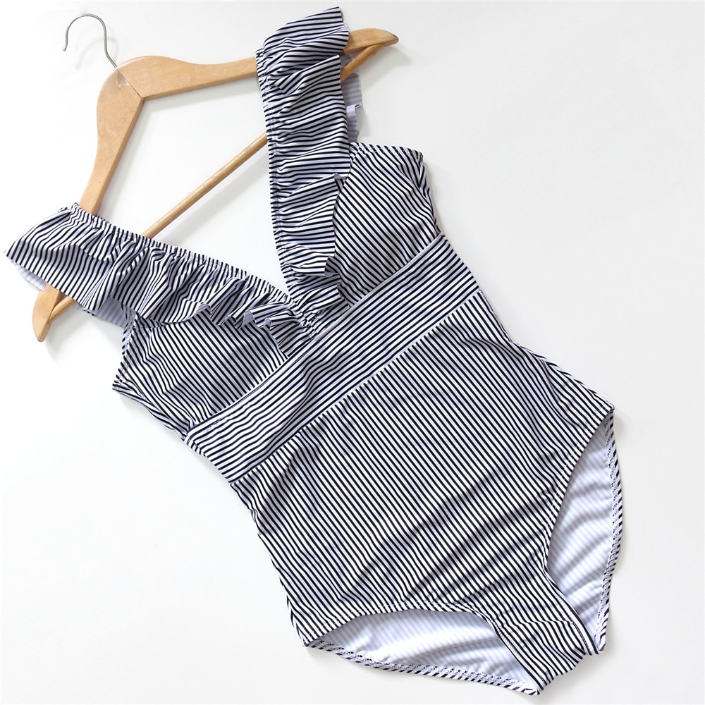 Sexy Female Retro V Neck Blue Striped Swimsuit One Piece Ruffled Push Up Padded High Waist Swimwear Women Monokini