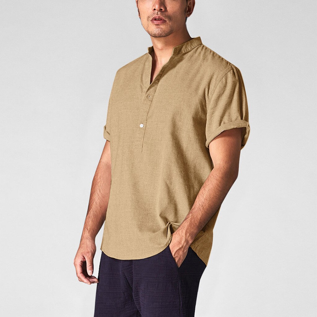 Men Cotton Linen Shirts Casual Shirts V-Neck Buttons Breathable Pullover Summer Wear Shirt Roll Up Sleeves Cool Green khaki Tops Men Cotton Linen Shirts Casual Shirts V-Neck Buttons Breathable Pullover Summer Wear Shirt Roll Up Sleeves Cool Green khaki Tops