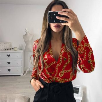 Vintage Silk Rompers Womens Jumpsuit Long Sleeve Chain Print Top Shirt Ladies Deep V Neck Key Printed Sexy Satin Bodysuits