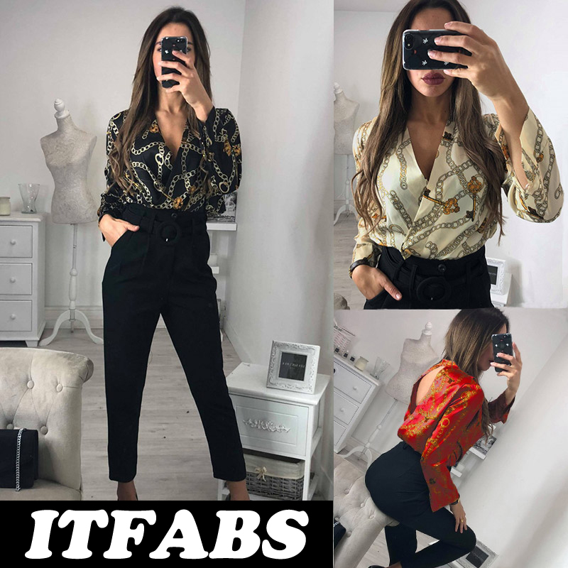 Vintage Silk Rompers Womens Jumpsuit Long Sleeve Chain Print Top Shirt Ladies Deep V Neck Key Printed Sexy Satin Bodysuits